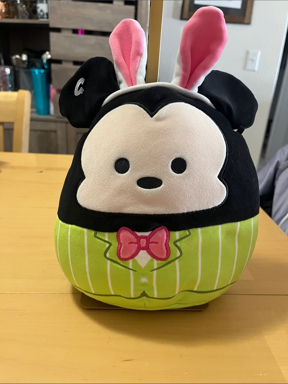 Disney Squismellow Black & Pink Bunny-Eared Plush with Lime Green Striped Outfit